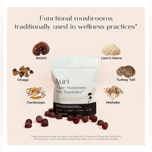 NEW Auri Super Mushroom Daily Gummies Wild Raspberry Brain Focus Wellness - Picture 3 of 6